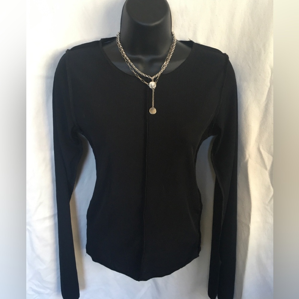 🔥PRETTYLITTLETHING Recycled Petite Black Ribbed Seam Detail Long Sleeve Top NWT